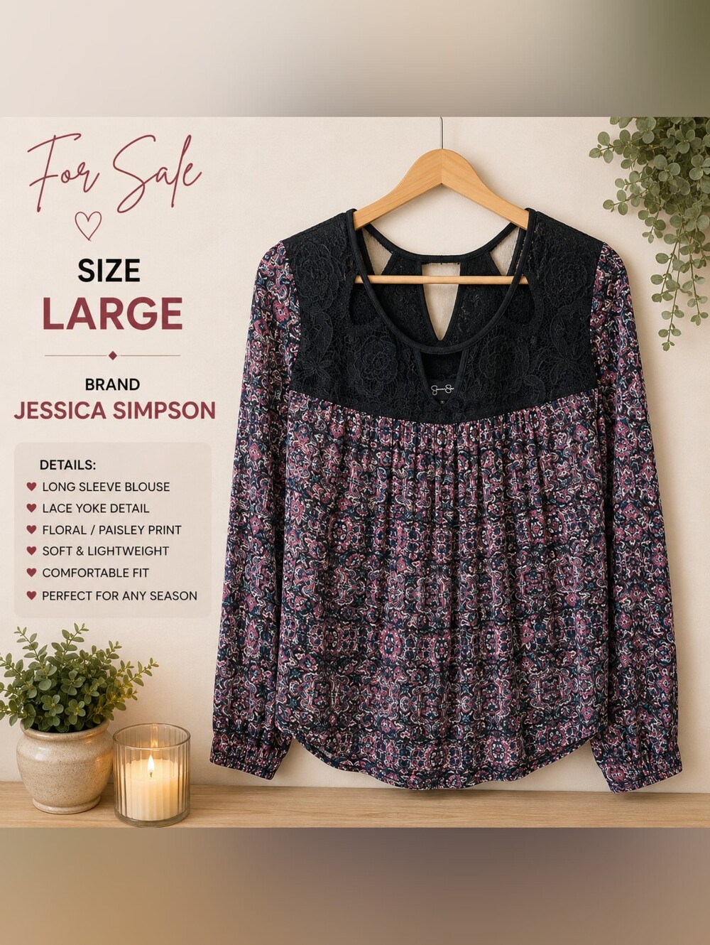 Jessica Simpson Black Lace Yoke Pink Paisley Long-Sleeve Blouse